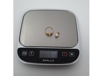 14K Gold Genuine Pearl Pendant + 14K Gold Ring (Size 6.75)