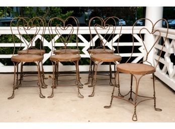 Set Of Seven Vintage Iron Heart Shaped Ice Cream Parlor Chairs