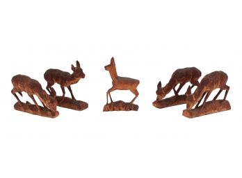 Set Of Five Hand Carved Wooden Deer Figurines