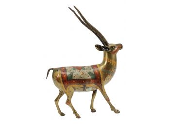 Large Brass Antelope Figurine With Enamel Blanket