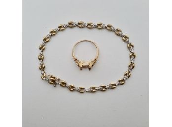 10K Gold And Diamond Bracelet + 10K Gold Ring (Size 6.75)