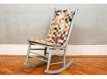 Vintage Rustic Painted Wood Rocking Chair With Patchwork Quilt Seat And Back Cushion