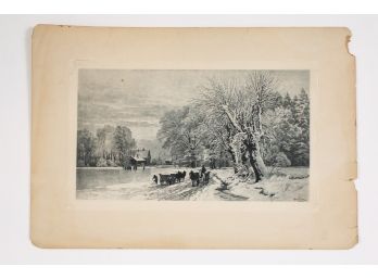 Antique Signed Very Fine Etching On Tissue Paper Of Horse & Buggy Scene Dated 1885