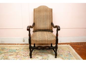 Upholstered Carved Wood Armchair With Tassel Trim