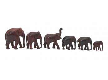 Set Of Six Carved Rosewood Elephants
