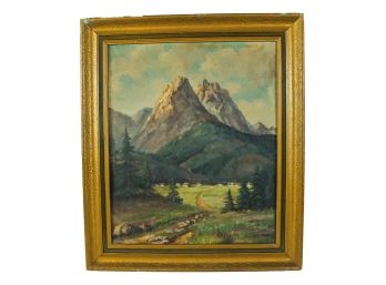Signed Hommel '77 'Village With Mountains' Oil On Canvas Painting