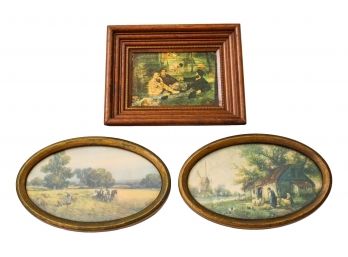 Two Scenic Framed Farm Prints And One Picnic In The Woods Painting