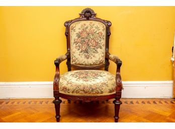 Antique Victorian Carved Wood Upholstered Armchair