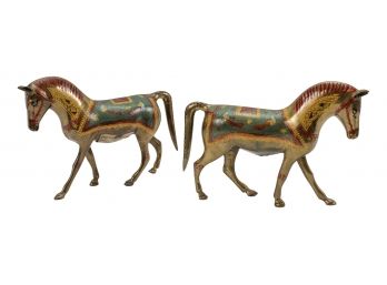 Pair Of Solid Brass Colorful Enameled Horse Figurines