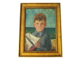 Portrait Of Young Boy Holding Sailboat Toy Oil On Canvas Board Artist Unknown