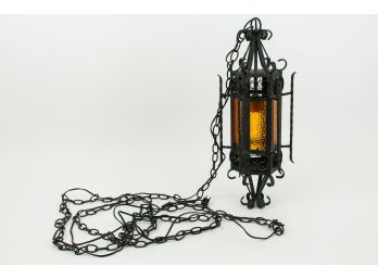 Vintage Wrought Iron Spanish Medieval Gothic Amber Swag Hanging Lamp
