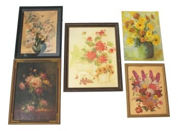 Four Floral Prints And One Floral Oil On Canvas Board