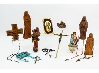 Religious Carved Wooden Figurines, Rosaries And More