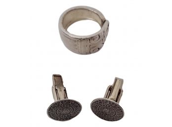 Sterling Silver Alpaca Cufflinks And Band Ring - 23.6g