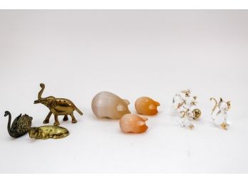 Three Alabaster Pigs, Three Crystal Cats And Three Brass Animal Figurines