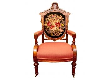 Walnut Eastlake Armchair With Fine Floral Needlepoint On Casters