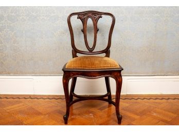 Antique Peg Construction Carved Wood Chair With Golden Upholstered Seat