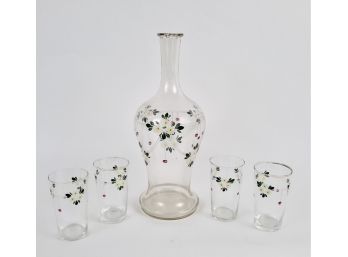 Vintage Hand-painted Enameled Floral Pattern Carafe And Four Glass Set