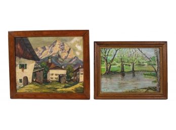 Two Signed Oil On Canvas Paintings 'Mountain Village' (sig. Heurer) And 'Scenic River' (sig. Martin B.)