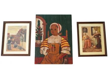 Folk Art Oil On Wood Painting Of Young Girl With Apple + Two Framed Prints Of Women Working