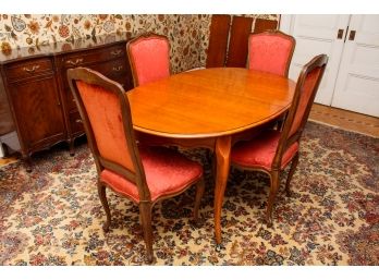 Louis XV Style Extension Dining Room Table With Three Leaves + Six Beechwood Upholstered Dining Chairs