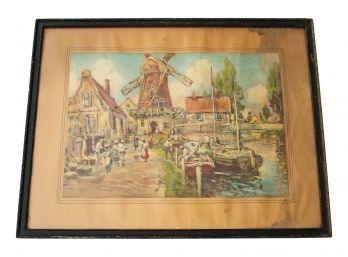 River Scene With Windmill Color Aquatint By Unkown Artist