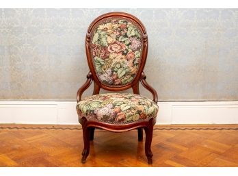 Antique Mahogany Parlor Chair With Tapestry Upholstery
