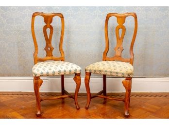 Pair Of Queen Anne Style Carved Wood Upholstered Floral Seat Side Chairs