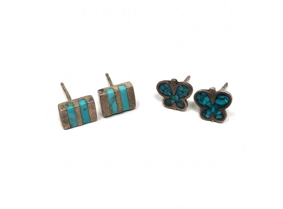Boma Sterling Silver Turquoise Earrings With Complementary Turquoise Butterfly Earrings