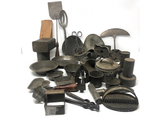30  Piece Collection Of Vintage Metal Kitchen Pans And Utensils