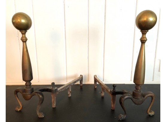 Pair Of Vintage Metal Fireplace Andirons With Cannonball Headers