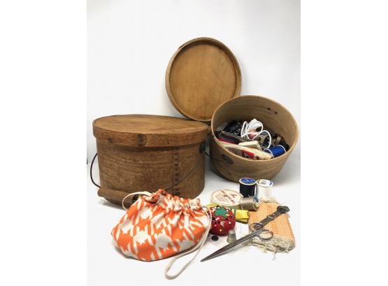 Wood-grain Button Boxes With Sewing Materials Collection