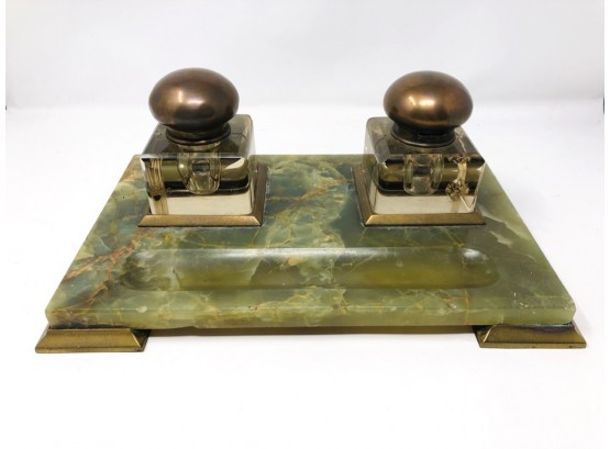 Vintage Green Marble Double Inkwell