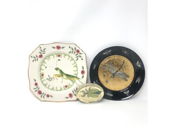 Pair Of Bug-themed Ceramic Plates With Complementary Paperweight