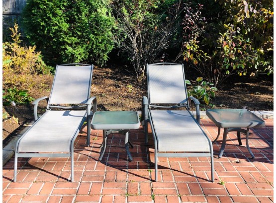 Pair Of Folding Patio Chaise Lounges With Matching Pair Of Glass Side Tables By Garden Treasures Classics