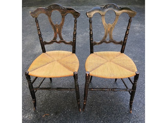 Pair Of Painted Wooden Hitchcock Chairs With Woven Seats