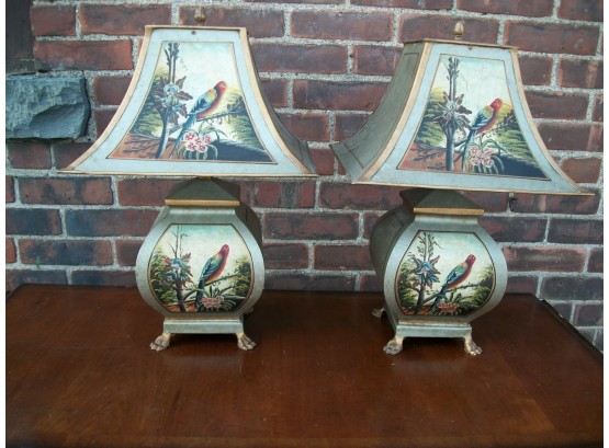 FANTASTIC Pair Of ALL HAND PAINTED Lamps  W/Parrots (Tole Painted Metal)
