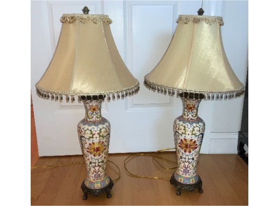 Pair Asian Lamps W/Beautiful  Custom MadeShades