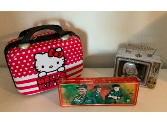 Hello Kitty Small Suitcase, Marilyn Monroe TV Tin And Elvis Metal Candy Box