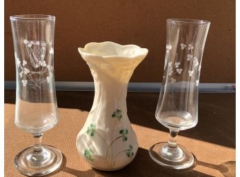 Beleek Vase And 2  Ouiske Hand Cut Irish Bud Vases