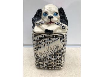 Dog On Woven Basket Cookie Jar