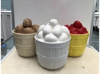 Potatoes On Basket, Eggs In Basket, Strawberries In Basket - 3 Cookie Jars
