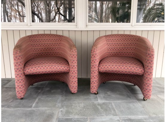 Pair Of Flame Stitch Barrel Back Club Chairs By Taylor Chair Co.