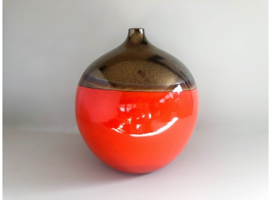Large Orange And Copper Decorative Vase, Made In Portugal