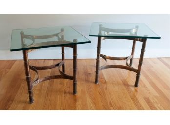 Pair Of Vintage Faux Bamboo Side Tables With Glass Tops