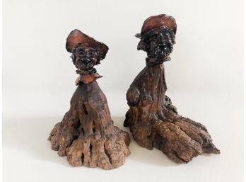 Shep Shapiro Hand Carved Applehead Folk Art Figures On Wood Bases
