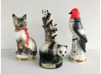 Lot Of 3 Vintage Jim Beam Liquor Decanters: Cat, Panda, Bird