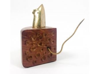 Brass Mouse On Wooden Cheese