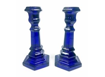 Pair Of Blue Glass Candlesticks