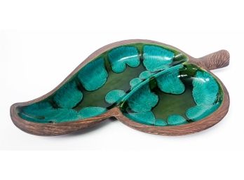 Vintage Blue Green Ceramic Leaf Dish